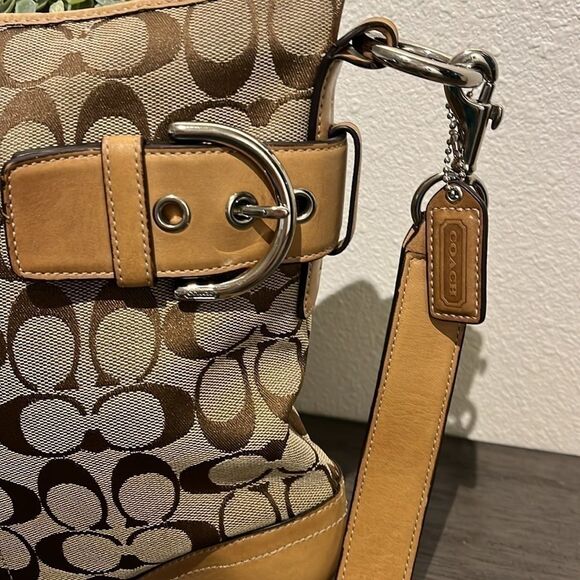 COACH 3574 Sufflette Cloth + Leather Shoulder Bag Crossbody Tan Jacquard - Picture 3 of 16